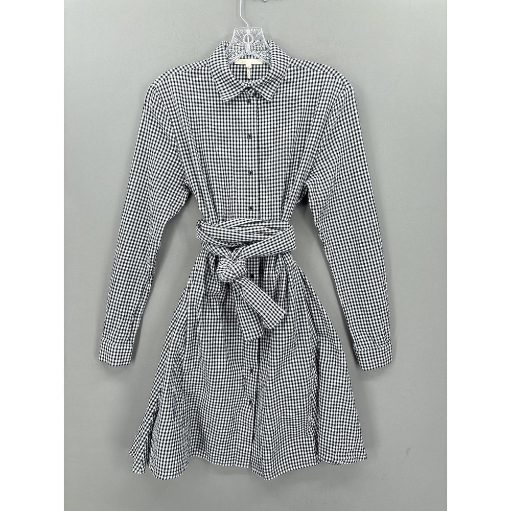 Maje Dress Womens 2 Black Gingham Shirt Mini Fit & Flare Belted Long Sleeve